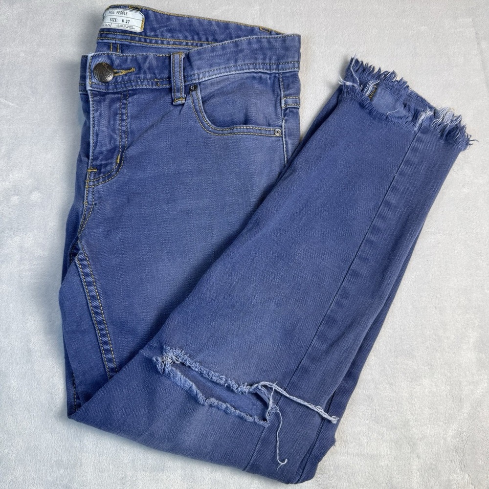 Free People High Rise Stretch Skinny Distressed Jeans Womens Size 27 Blue